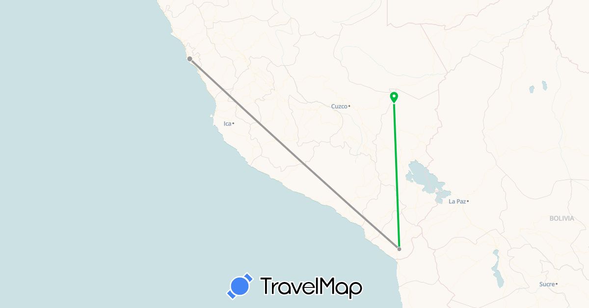 TravelMap itinerary: driving, bus, plane in Peru (South America)