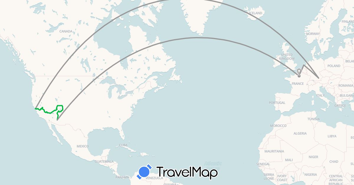TravelMap itinerary: bus, plane in Germany, France, Netherlands, United States (Europe, North America)