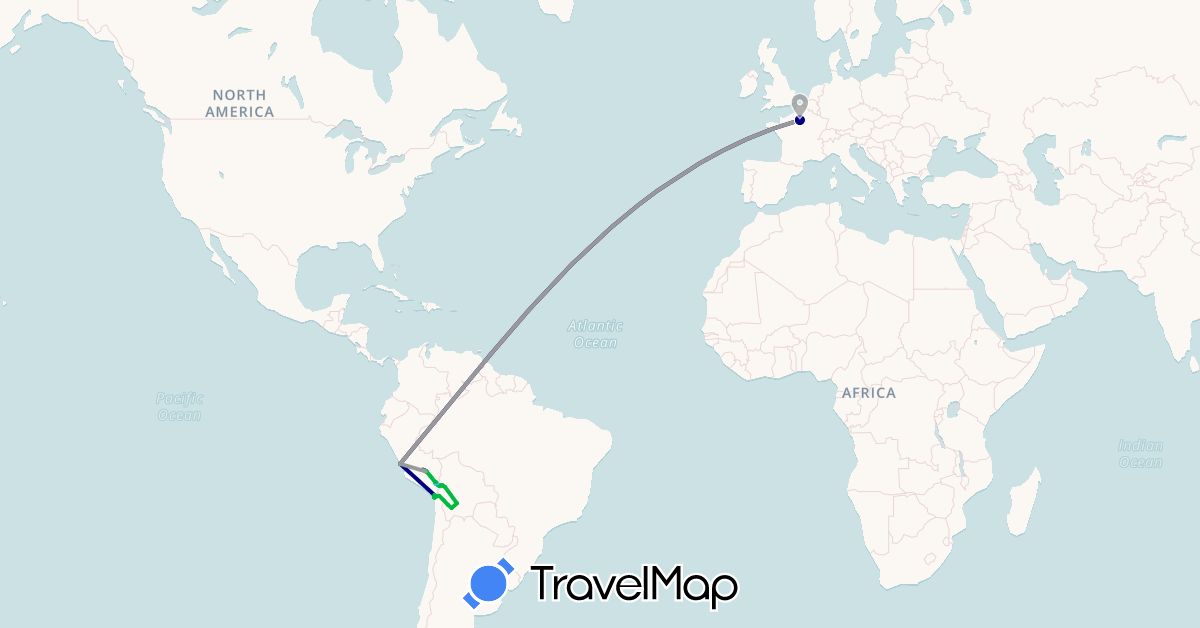 TravelMap itinerary: driving, bus, plane, train, boat in Bolivia, Chile, France, Peru (Europe, South America)